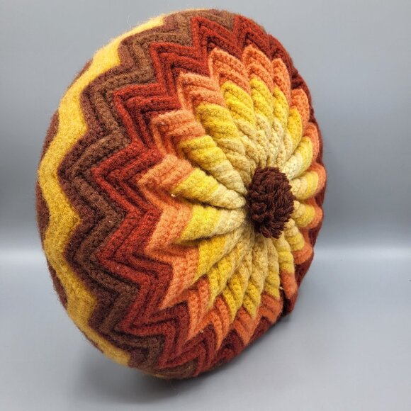 Vtg Crochet Round Granny Throw Pillow Rusty Orange Brown Yarn Ruffled Handmade - Picture 2 of 10